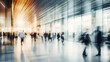 © colnihko - Blurred Silhouettes of Business People in lobby of modern business center. Abstract light motion blur effects, banner format