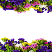 Floral  Frame Made Of Pink, Lilac, Yellow And White Flowers With Copy Space. Square Format