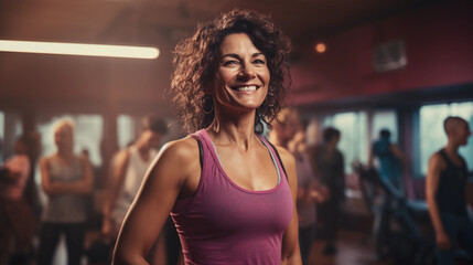 Wall Mural - Middle-Aged Woman Smiling While Standing in a gym