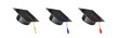 © YURII - Set of vector realistic mortar hats. Graduation cap of a student with multi-colored tassels. Black hat at graduation at the university. Symbol of academic education, university headdress