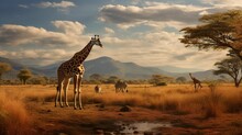 Two Giraffes And A Zebra Standing On A Dirt Field