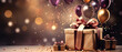 Elegant holiday banner with balloons, gifts and bokeh lights. Background, copy space, birthday and anniversary concept.