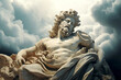 Marble Statue of Ancient Greek God with Angels. Classic Sculpture. Cloudy Sky Background. Greek Baroque Art, Renaissance Art. AI Generative