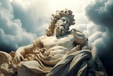 Marble Statue of Ancient Greek God with Angels. Classic Sculpture. Cloudy Sky Background. Greek Baroque Art, Renaissance Art. AI Generative