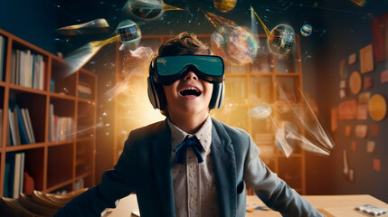 Wall Mural - surprised happy joyful schoolboy boy pupil with vr glasses studying at classroom. simulation science