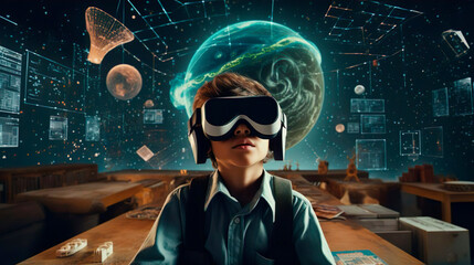 Wall Mural - surprised schoolboy boy pupil with vr glasses studying at classroom. simulation science. student use