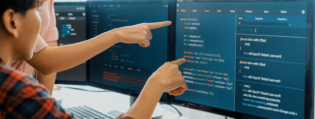 cropped image of professional programer team collaboration discuss about web coding while coworker p
