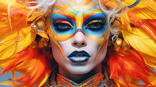 Beautiful Young Woman With Creative Make Up And Carnival Mask, Closeup Generativa IA