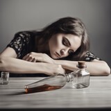 Fototapeta  - Smutna załamana kobieta w depresji z butelką