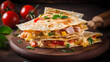 Mexican tortilla quesadilla with scramble eggs, vegetables, ham and cheese 