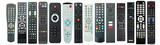 Fototapeta  - Tv remote controller set, remote devices collection, isolated white background, PNG isolated