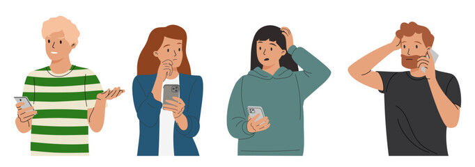 Sad upset people during unpleasant mobile phone calls. Stressed worried men, women talking on cellphone about bad news.