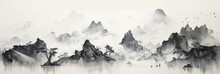 Black Ink Paint Of Lake And Mountains. Oriental  Minimalistic Japanese Illustrative Style. Copyspace For Your Text.