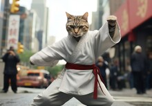 Cat In A Kung Fu Fighter Costume, Karate Cat In A Kimono On The Street