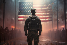 Soldier In Military Uniform Standing With The Back To The Camera  With The Usa Flag In The Background