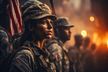 female soldier in military uniform standing in a row