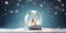 Glass Snow Globe Christmas Decorative Design. Podium Under Transparent Glass Dome With White Snowdrift, And Glow Garland, Highly Detailed
