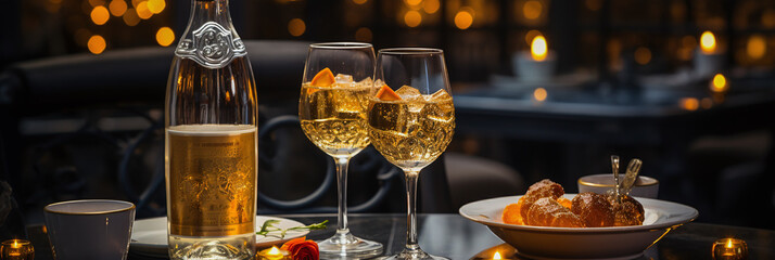 Wall Mural - set with bottle and glasses of champagne on a festive decorated table