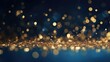 Beautiful abstract background with dark blue and gold particles. Festive light shines with bokeh particles on a dark blue background. Holiday concept.