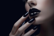 Beauty fashion model with black makeup. Fashionable black manicure with caviar. Manicure. Dark lipstick and nail polish. Isolated on black background. generative AI