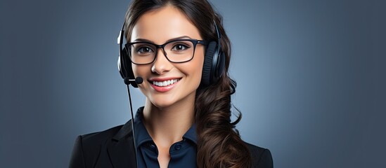 Poster - At her job a woman with dark hair wearing glasses is employed as an operator in a call center