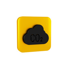 Wall Mural - Black CO2 emissions in cloud icon isolated on transparent background. Carbon dioxide formula, smog pollution concept, environment concept. Yellow square button.