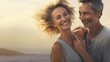 © Scrudje - Seaside Embrace: Middle-Aged Couple Sharing a Loving Hug on the Beach. Generative ai