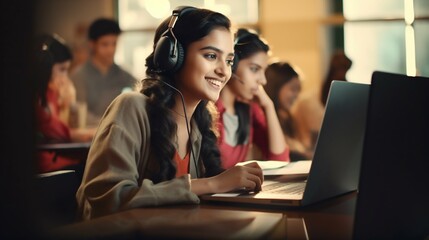 academic diversity: south asian female student engages in it learning at college. generative ai