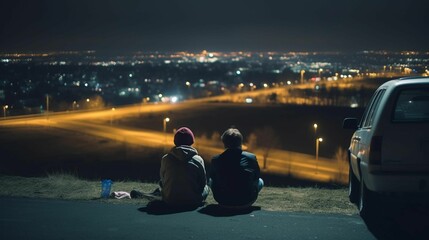 two persons enjoying a peaceful night outdoors, sitting on the ground next to a van