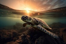 A Sea Turtle Perched Upon A Cluster Of Rocks In A Tranquil Ocean Setting As The Sun Sets