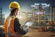 Worker in protective gear operating a drone on a construction site. Modern technology integration in construction management