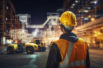 Engineer wearing safety gear observing digital holographic blueprints projections in construction site