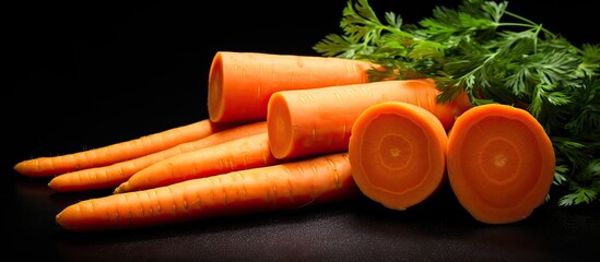 Canvas Print - Carrots and sliced pieces of carrot are separated and placed on a black backdrop representing food vegetables fruits and overall well being