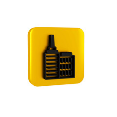 Poster - Black City landscape icon isolated on transparent background. Metropolis architecture panoramic landscape. Yellow square button.