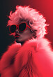 © Irina - Portrait of afro lady with white curly hair retro sunglasses red lipstick white fur coat posing on a red background. Glamour spectacular woman model in a fashionable outfit in retrowave modern style.
