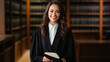 Confident Young Female Lawyer in Traditional Black Robe Holding a Law Book in Library