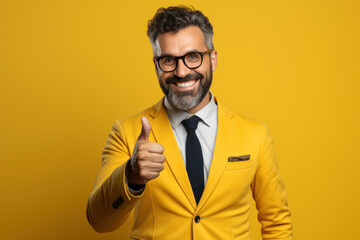 Poster - An entrepreneur demonstrates his approval with a thumbs-up gesture while managing smartphone messaging against a yellow backdrop. Generative Ai.