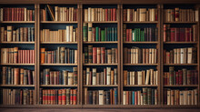 Many Different Books On Wooden Shelves In Library.