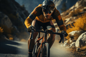 Poster - A cyclist racing through a scenic mountain road during a challenging stage of a professional cycling race. Concept of cycling and endurance. Generative Ai.