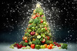 Christmas tree made of vegetables and fruits on snow with falling snowflakes