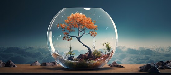 Wall Mural - Existence on the red planet Planet Earth contained within a transparent container Three dimensional artwork Blossoming of a plant on a towering trunk Image editing Desiring a fresh habitat 