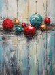 Rustic still life of colorful Christmas baubles against a weathered blue door, evoking a vintage holiday feel. Ideal for a holiday-themed home decor catalog or an artful greeting card.