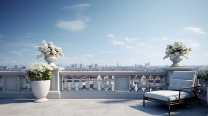 an outdoor balcony with a view of the city