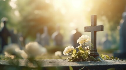 A solemn Catholic cemetery with a grave marker and cross engraved on it, set against a softly blurred background. Funeral concept