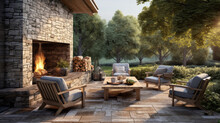 An Outdoor Patio With A Wooden Deck And A Stone Fireplace And A Seating Area