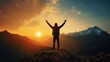 © ME_Photography - Silhouette of a successful man raising his hands up, on the top of the mountain. Celebrating success, winner, and leader concept.
