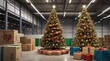 Two big christmas trees surrounded by presents in an empty warehouse with a sepia look, beautiful blurry hidden light indoor background.