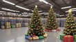Three big christmas trees surrounded by presents in an empty warehouse with a sepia look, beautiful blurry hidden light indoor background.