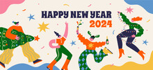 Fun Merry Christmas And Happy New Year Banner, Christmas Background And Card With Groovy, Hippie Bizarre Disproportionate Characters, Wearing Santa Hat, Dancing, Jumping And Drinking Champagne