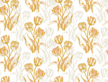 Yellow Tulips Spring Flowers, Seamless Vector Background,Seamless Vector Background With Tulips. Hand Drawn Illustration.